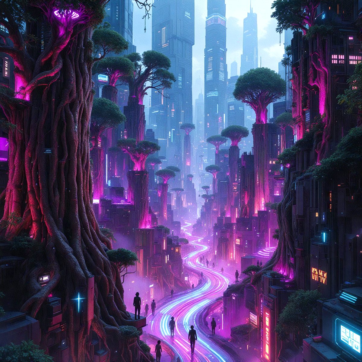 The primary subject of the image is a group of people walking down a purple, neon-lit path in a futuristic city. The setting is a cityscape with tall buildings and trees, creating a unique and vibrant atmosphere. The visual style is a combination of digital art and illustration, giving the scene a surreal and fantastical appearance. The dominant colors are purple and pink, which contribute to the overall mood of the image, which is a mix of futuristic, surreal, and fantastical elements.